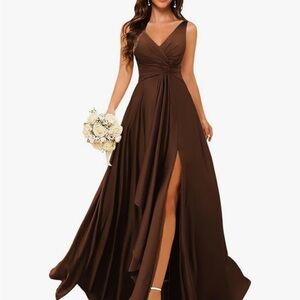 Source Unknown Brown Ruched V-Neck Gown- Bridesmaid dress